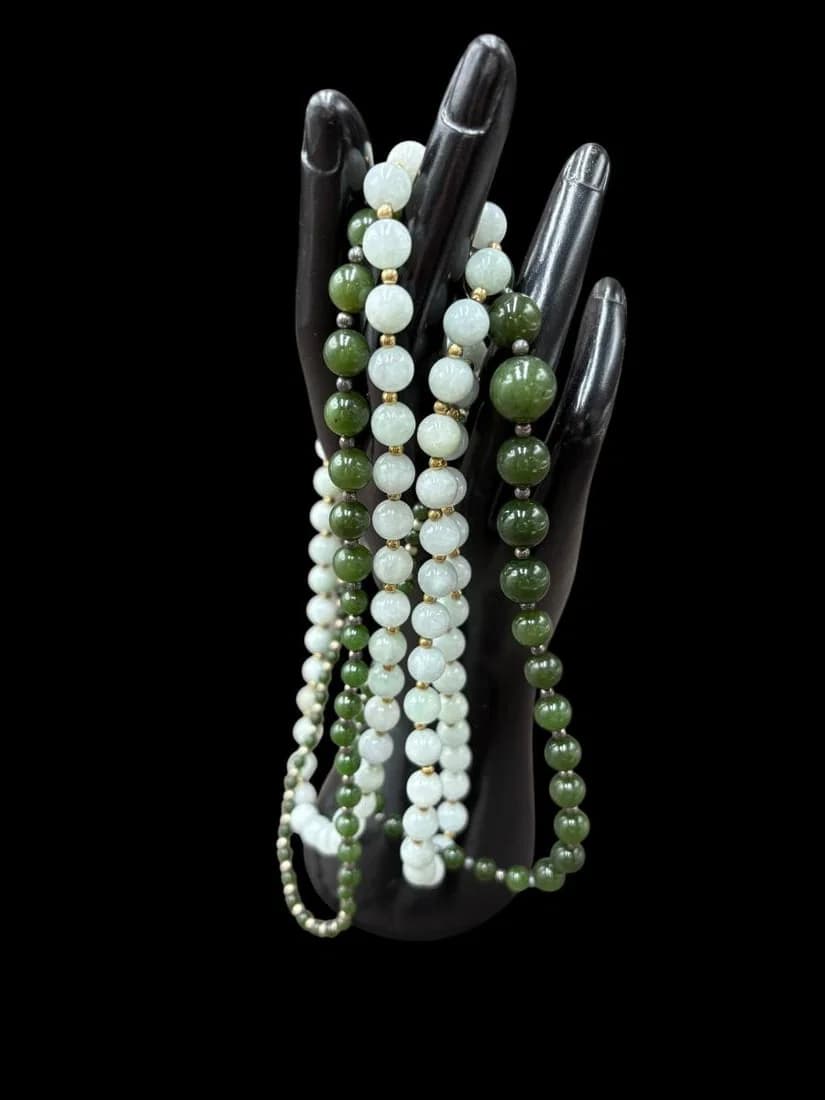 Estate Lot of 2 - Jade Beaded Necklaces Light & Dark Jade 15" Drop