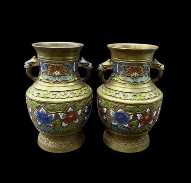 Pair of Japanese Enameled Brass Champleve' Vases with Dragon Handles