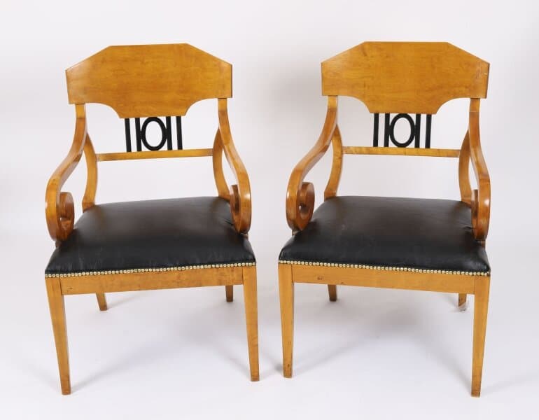 Antique Pair Swedish Biedermeier Birchwood Ebonized Armchairs 19th Century