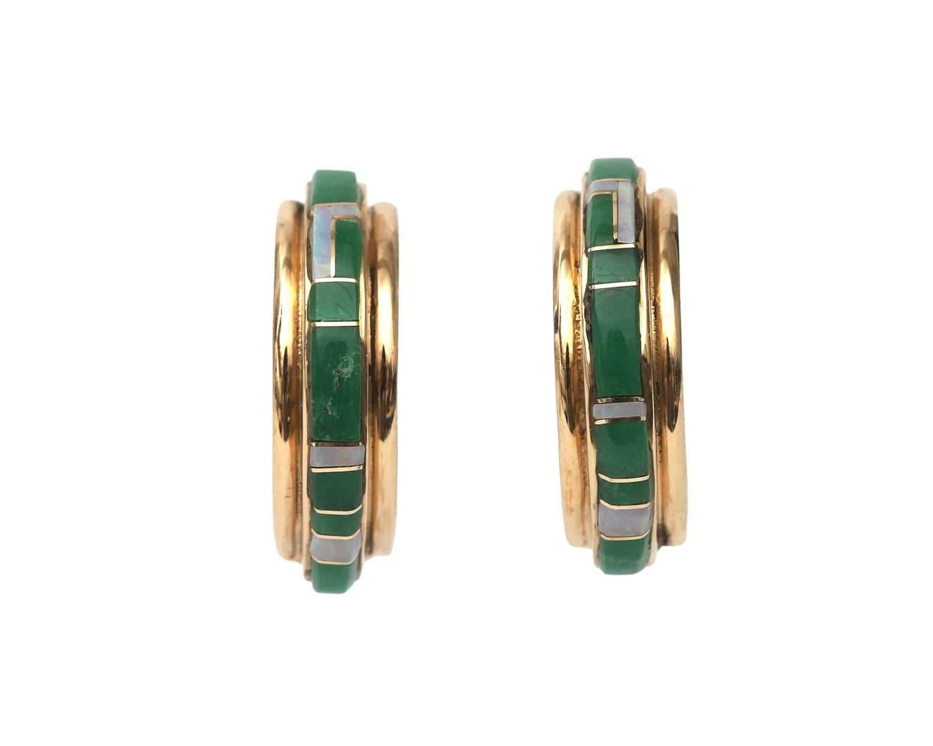 A pair of 575/000 yellow gold ear studs with white opal and jade