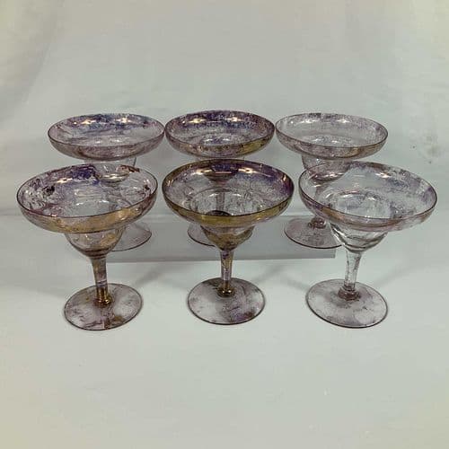 Set of Six Iridescent Marbled Purple Art Glass Margarita Glasses with