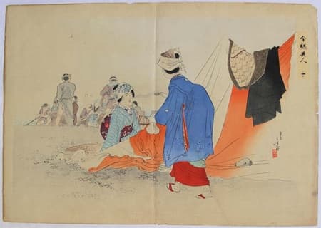 TOSHIKATA MIZUNO 水野 年方 (1866–1908) - Two women on the beach, fishermen