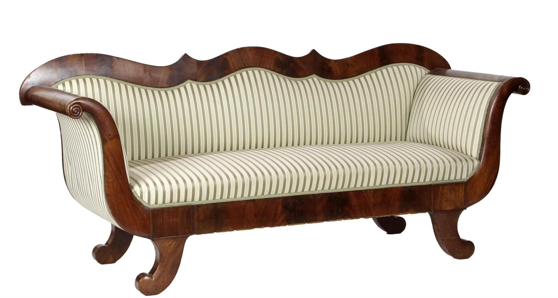 19e eeuwse mahoniefineer Biedermeier bank met gestreepte...