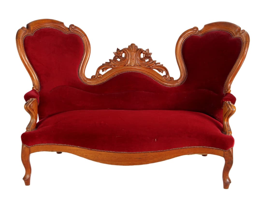 Mahonie Biedermeier 2-zits bank met roze stoffering en...