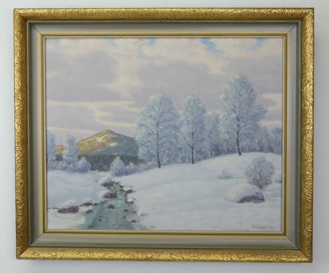OTTO LINDBERG (SVERIGE 1880-1955). olja på duk, vinterlandskap, bäck
