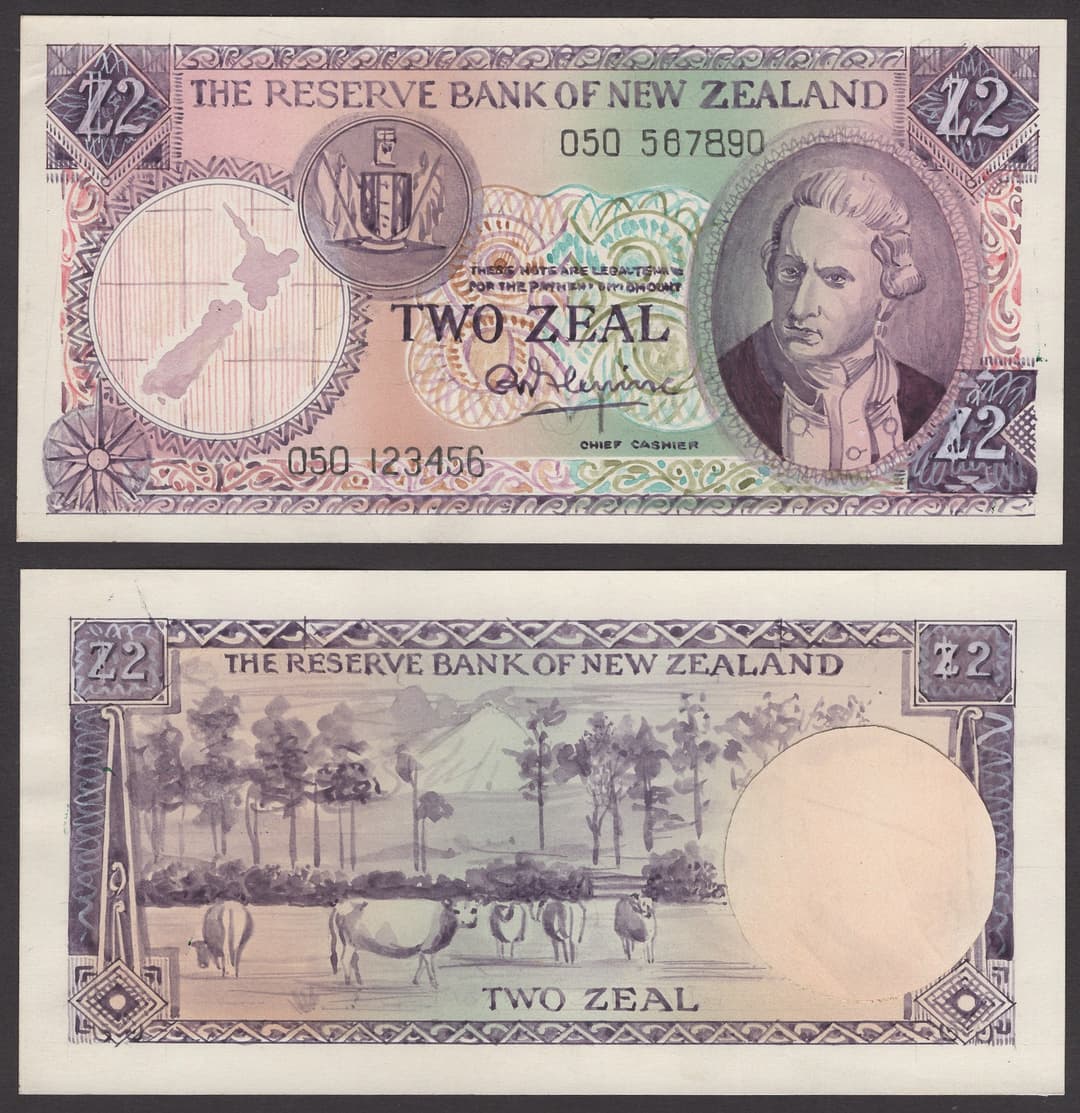 Reserve Bank of New Zealand, obverse and reverse hand-painted Bradbury