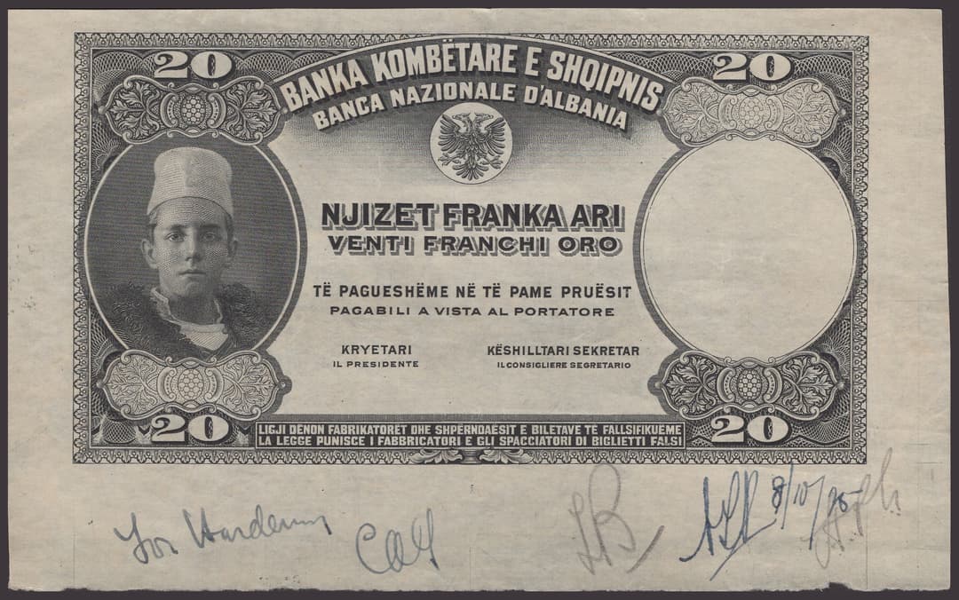 National Bank of Albania, obverse die proof for 20 Franka Ari, ND