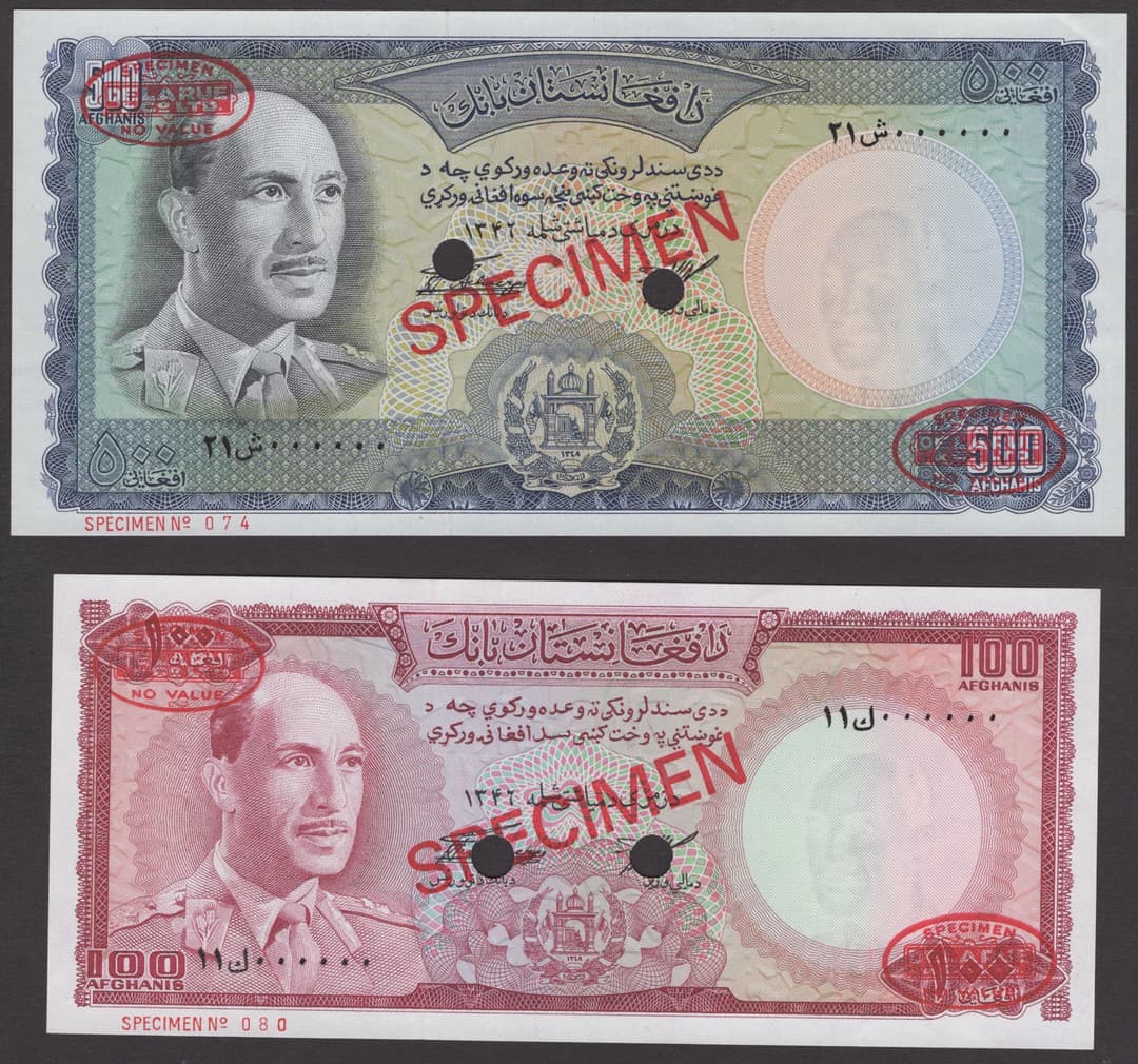 Afghanistan Bank, specimen 50 and 100 Afghanis, SH1346 (1967), zero