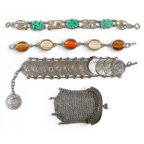 Three bracelets and an opera purse, comprising a coin bracel...
