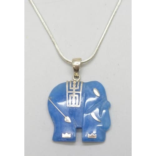 A silver mounted possibly blue jade elephant pendant, 3.5cm ...