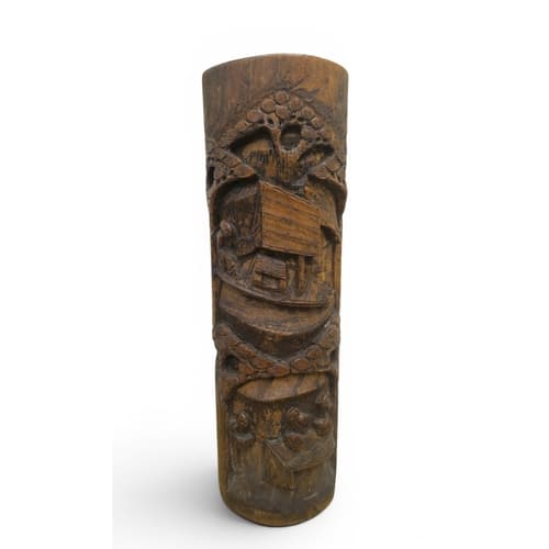 A Chinese carved bamboo brush pot, carved with figures, 35cm...