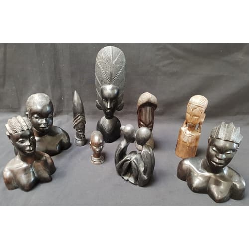 SELECTION OF CARVED WOODEN AFRICAN FIGURES including a bust...