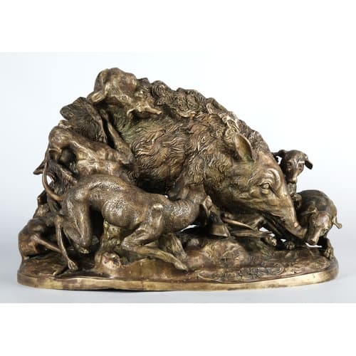 Twentieth century bronze centrepiece of dogs hunting a wild ...