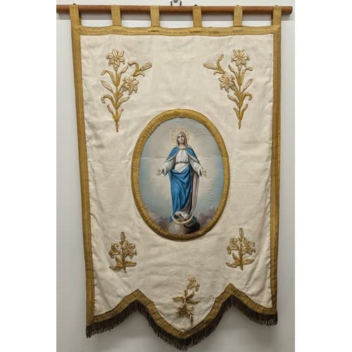 A mid-century Continental banner, central cartouche painted ...