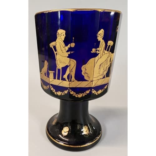 Biedermeier type cobalt blue and gilt goblet depicting salon...