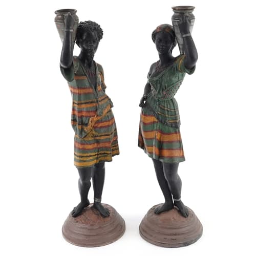 Pair of 'Blackamoor' cold painted figural candlesticks, 37cm...