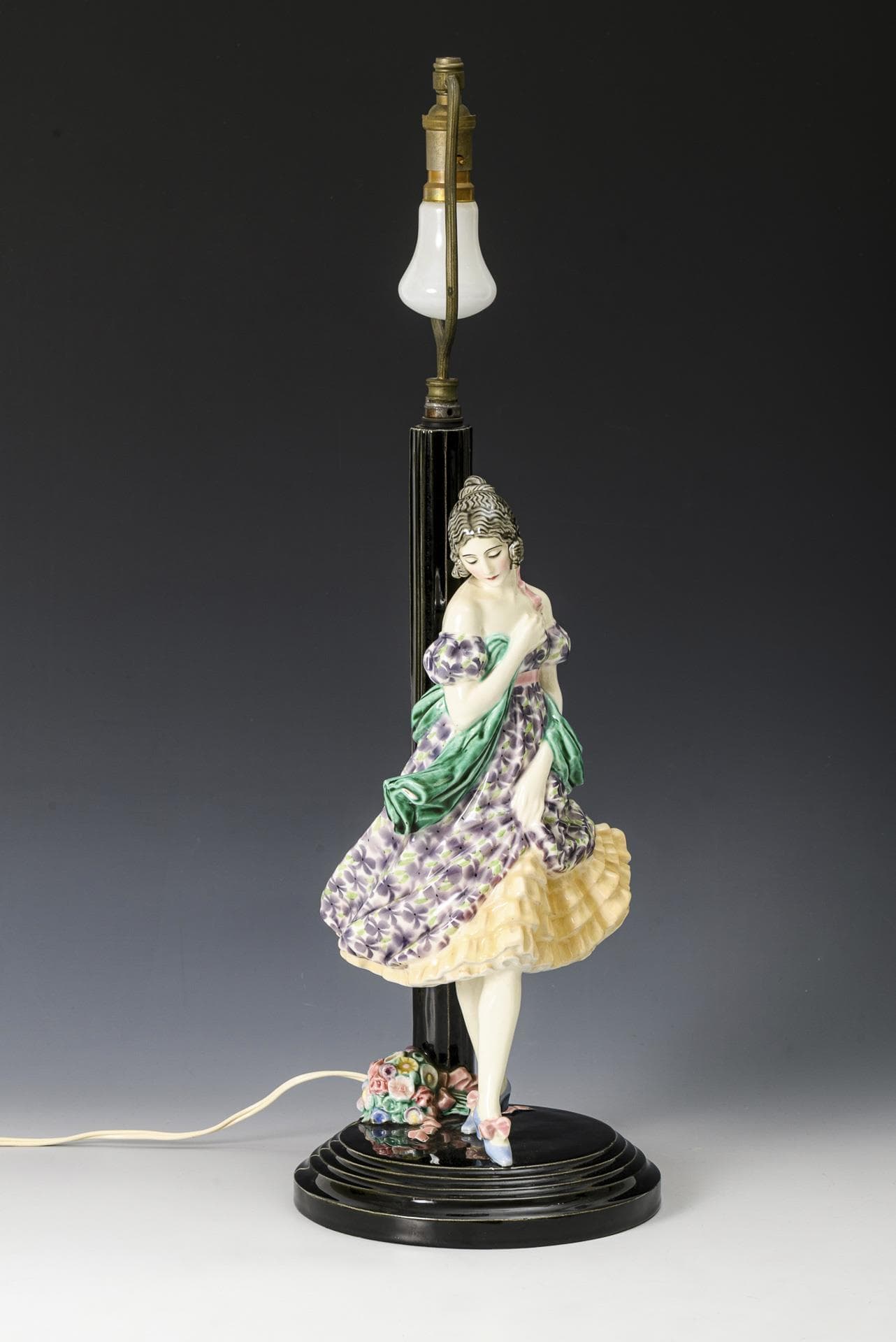 Art Nouveau lamp base with Biedermeier girl. Keramos, Viennese art ceramics.