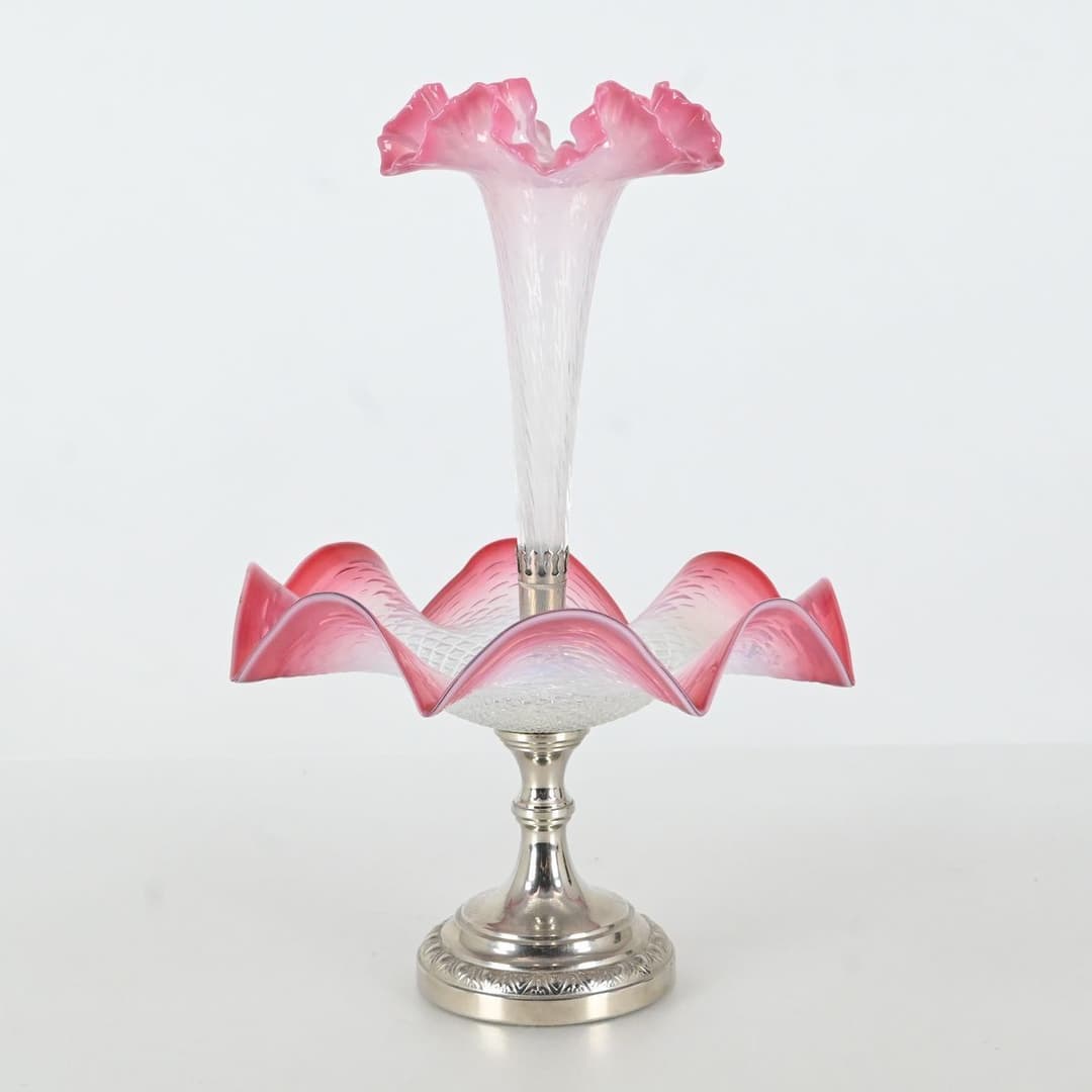 Visitkortskål med strutvas, Nickel och glas, ca 1900