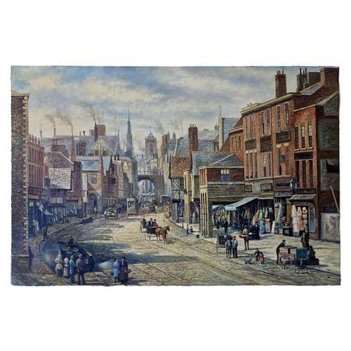 E. Olson - Street Scene with Vendor Cart, oil on canvas