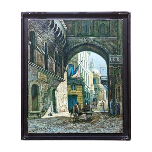 P. Denison - European Street Scene with Archway, Oil on Canvas
