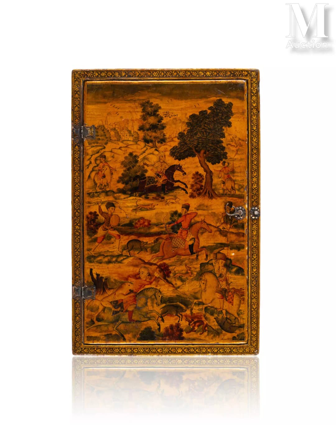 Miroir laqué d’époque Zand, par Muhammad Sadiq Iran, daté 1192 H.