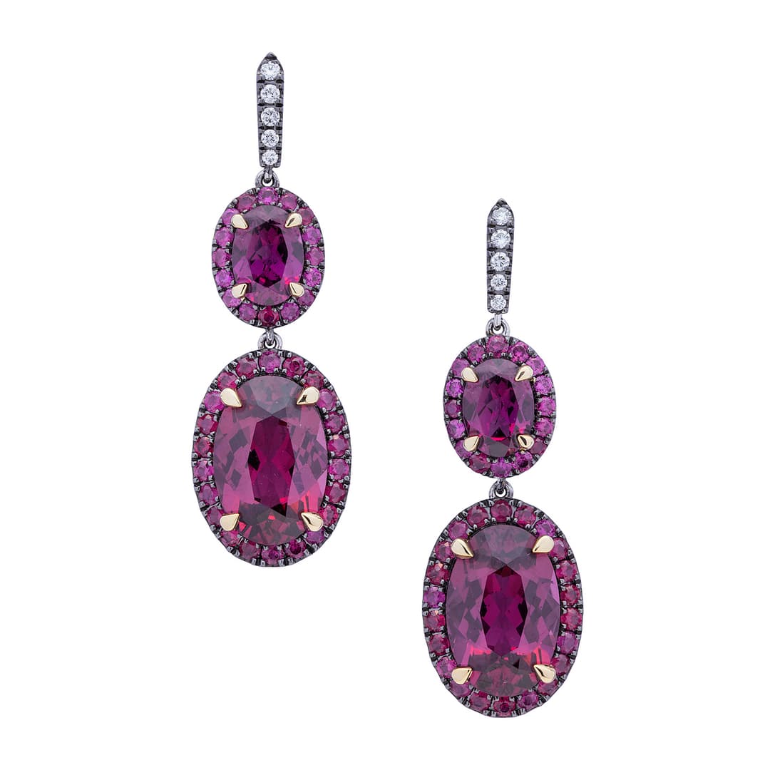 Rhodolite Garnet, Pink Sapphire, Diamond and Blackened Gold Ear Pendants