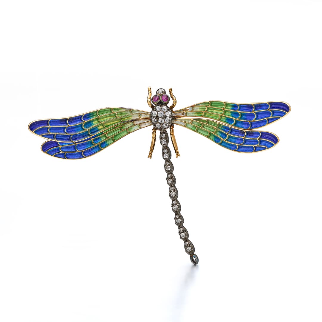 An Antique Enamel, Diamond, Silver and Gold Dragonfly Brooch, circa 1900