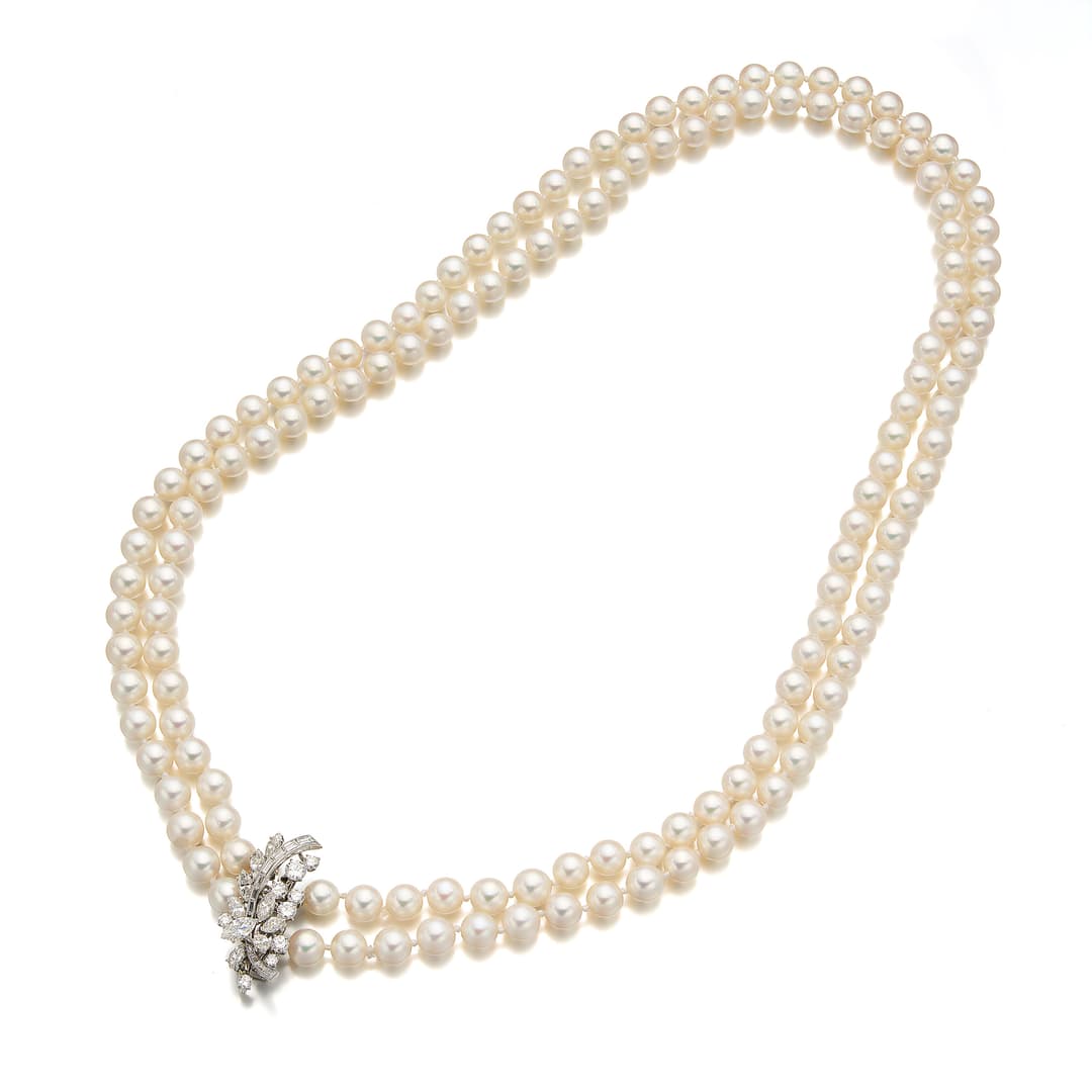 A Cultured Pearl, Diamond, Platinum and White Gold Necklace