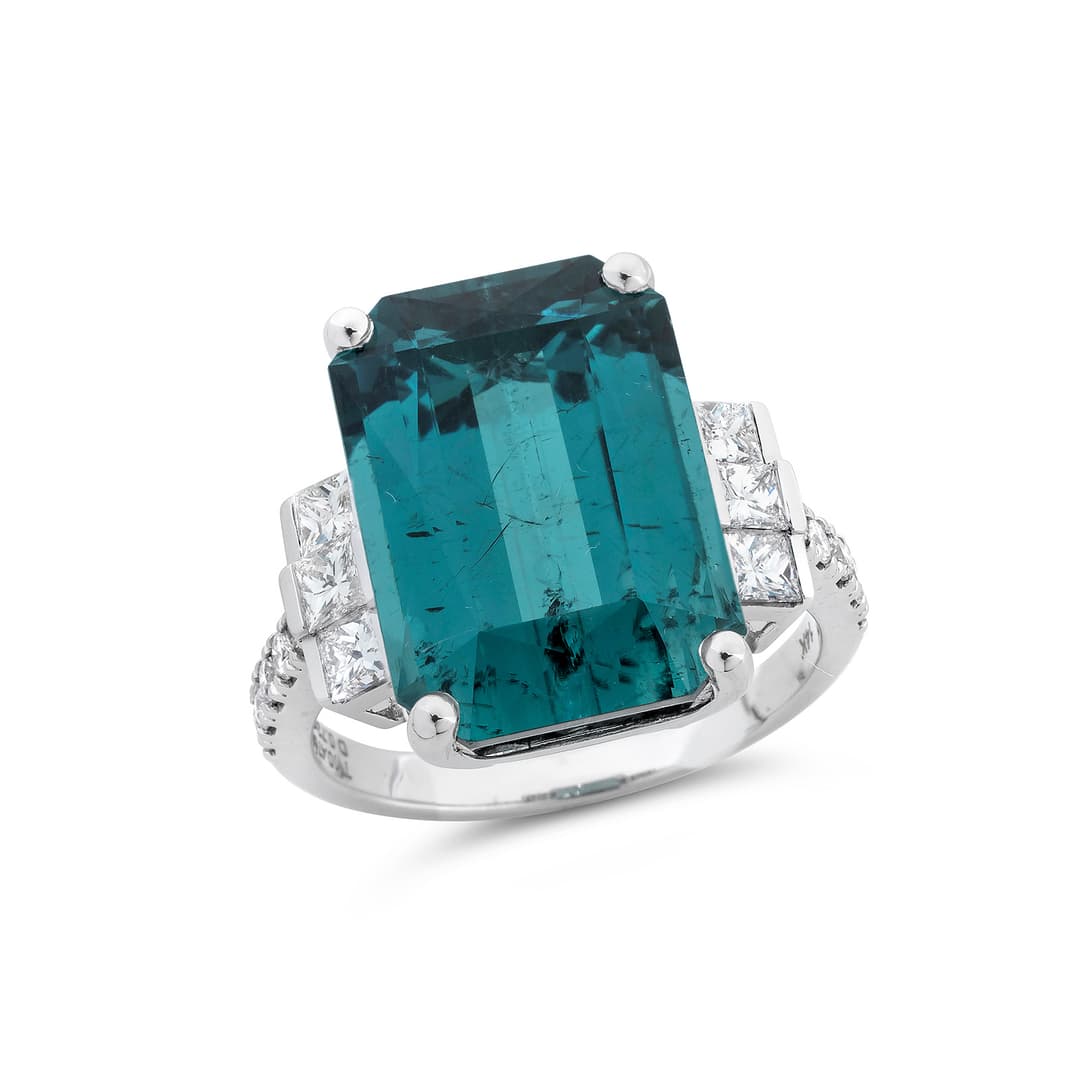 Indicolite Tourmaline, Diamond and White Gold Ring