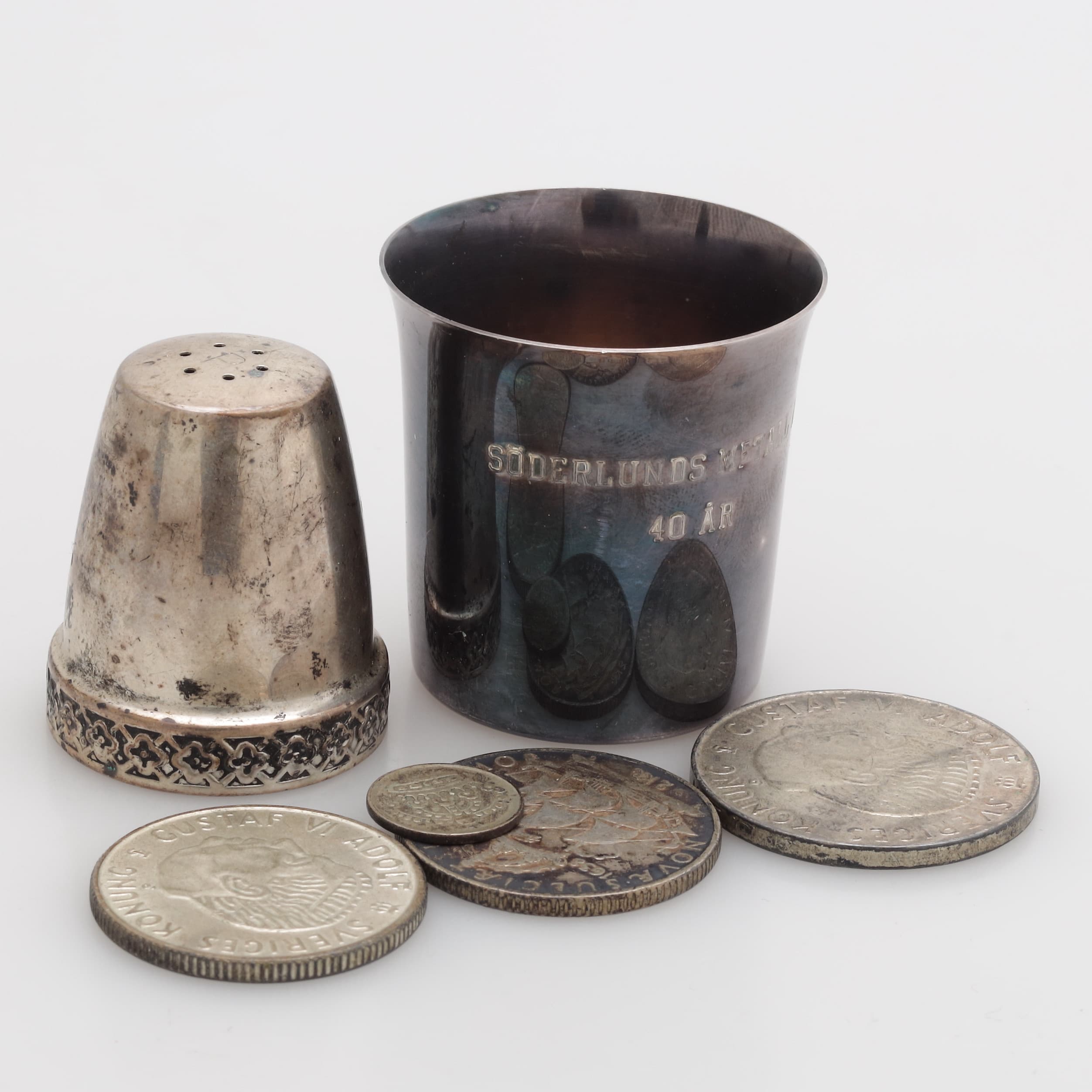 MYNT, BÄGARE, STRÖARE, 6 delar, silver, vikt 86 gram.