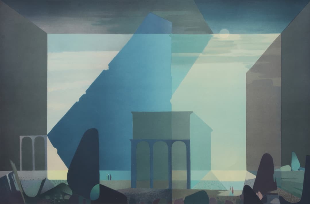SVEN JONSON. Surrealistiskt landskap. Färglitografi, signerad och numrerad.