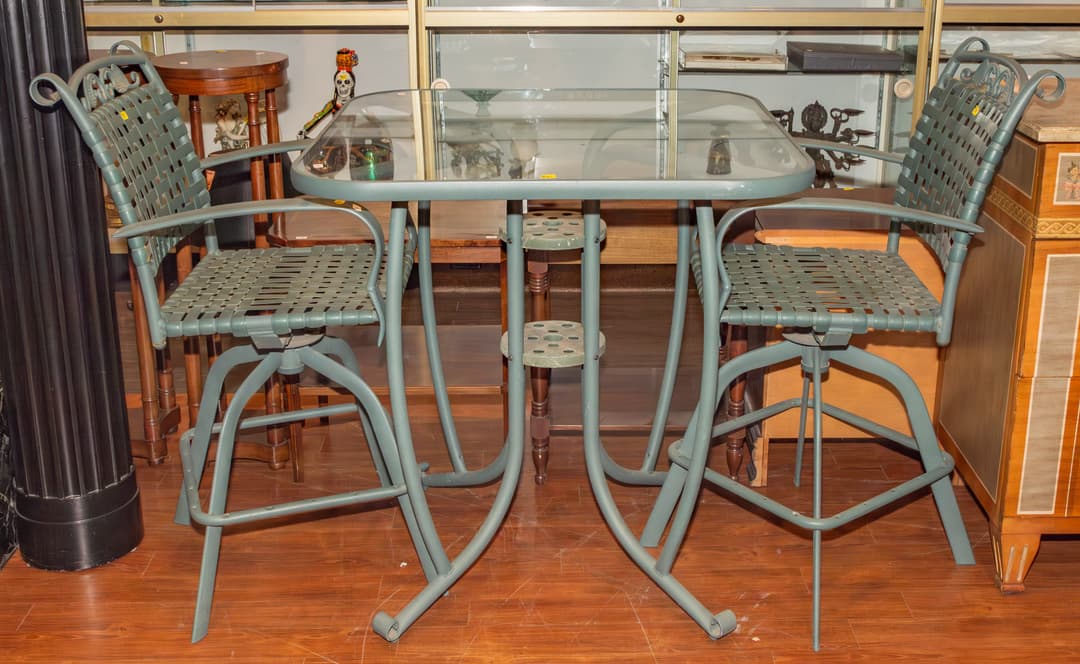 A Tall Green Metal & Glass Top Outdoor Table