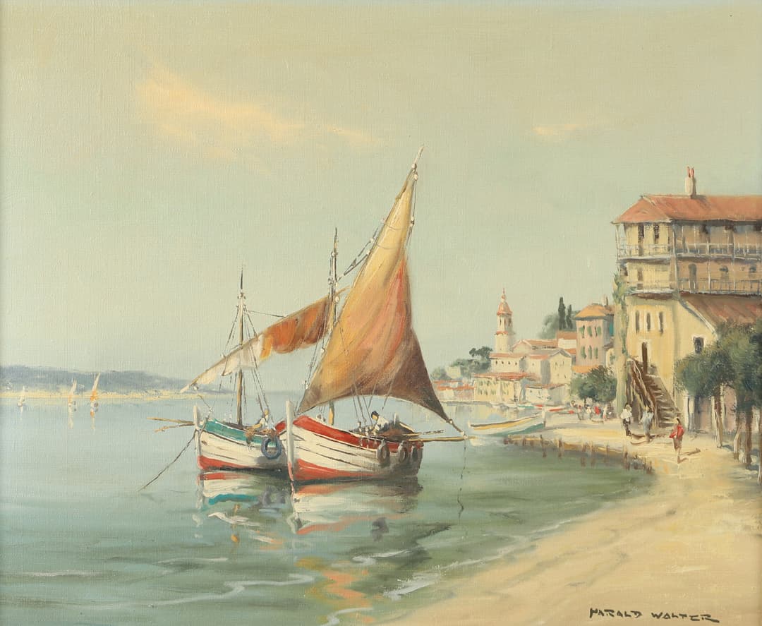 HARALD WALTER. Kustparti medelhavet, olja på duk, signerad.