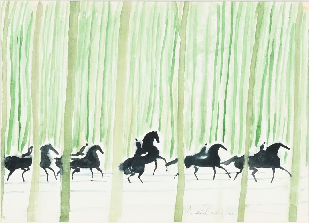 André Brasilier (1929), Chevaux dans la forêt verte, aquarelle sur
