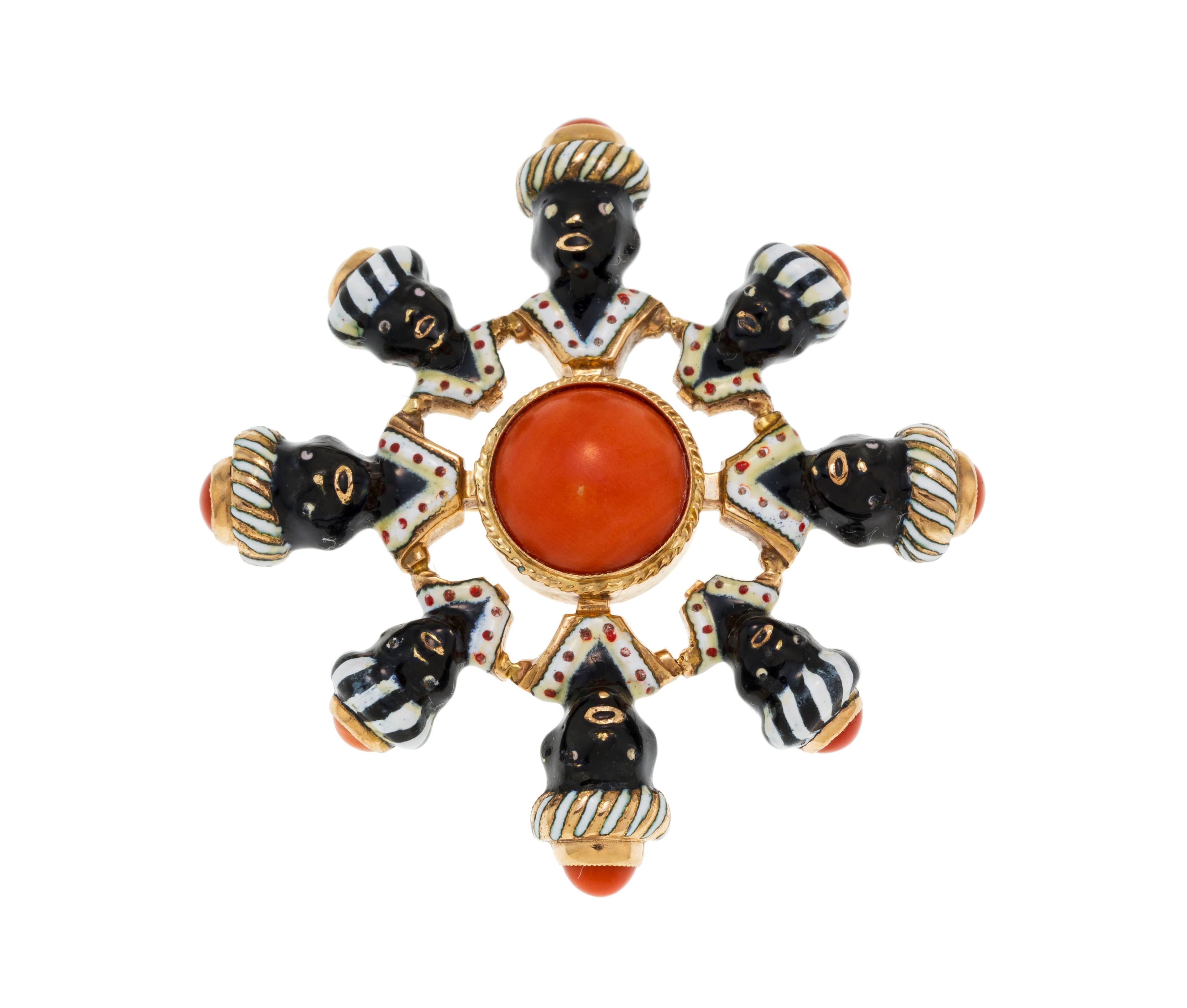Broche Blackamoor début XXe s., or 585 formant une rosace ornée d'émail