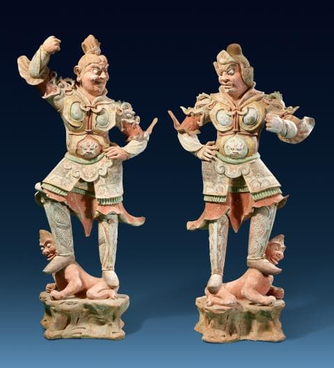 A pair of impressive Lokapala figures. Terracotta. Tang dynasty (618-907)