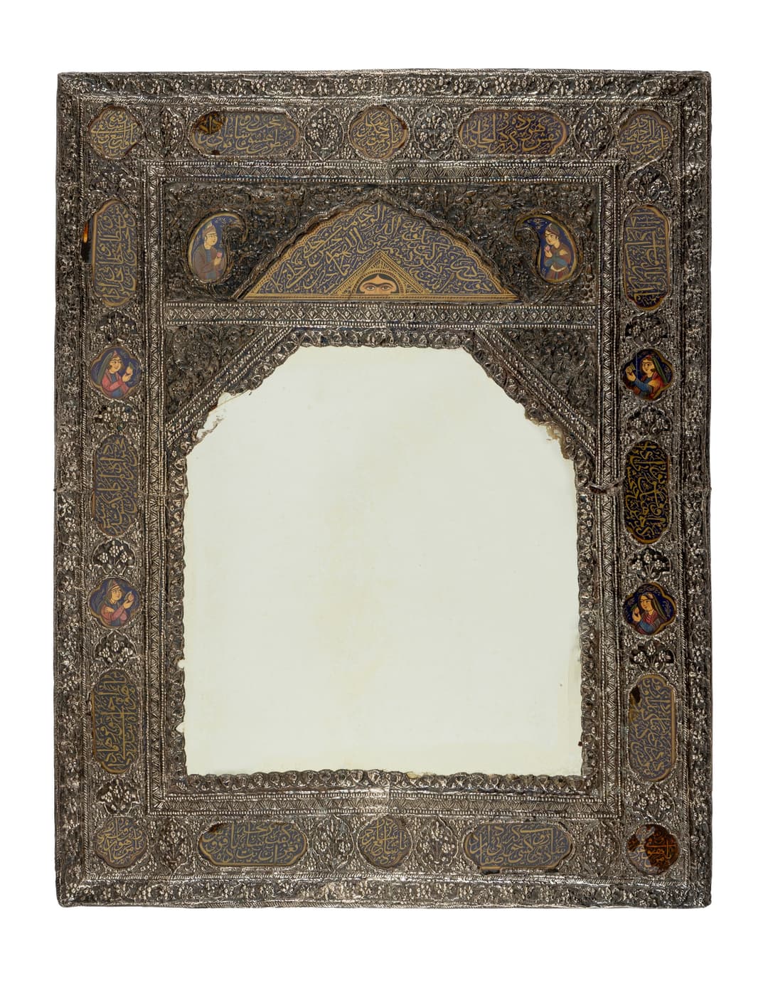 A QAJAR ENAMELLED SILVER REPOUSSÉ MIRROR