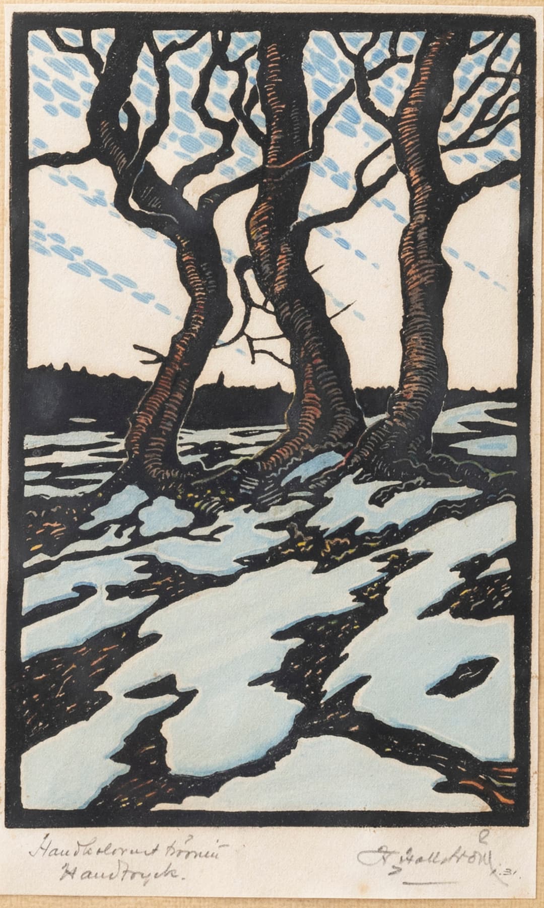CARL HALLSTRÖM (1850-1929). Träd i vinterlandskap, handkolorerat träsnitt