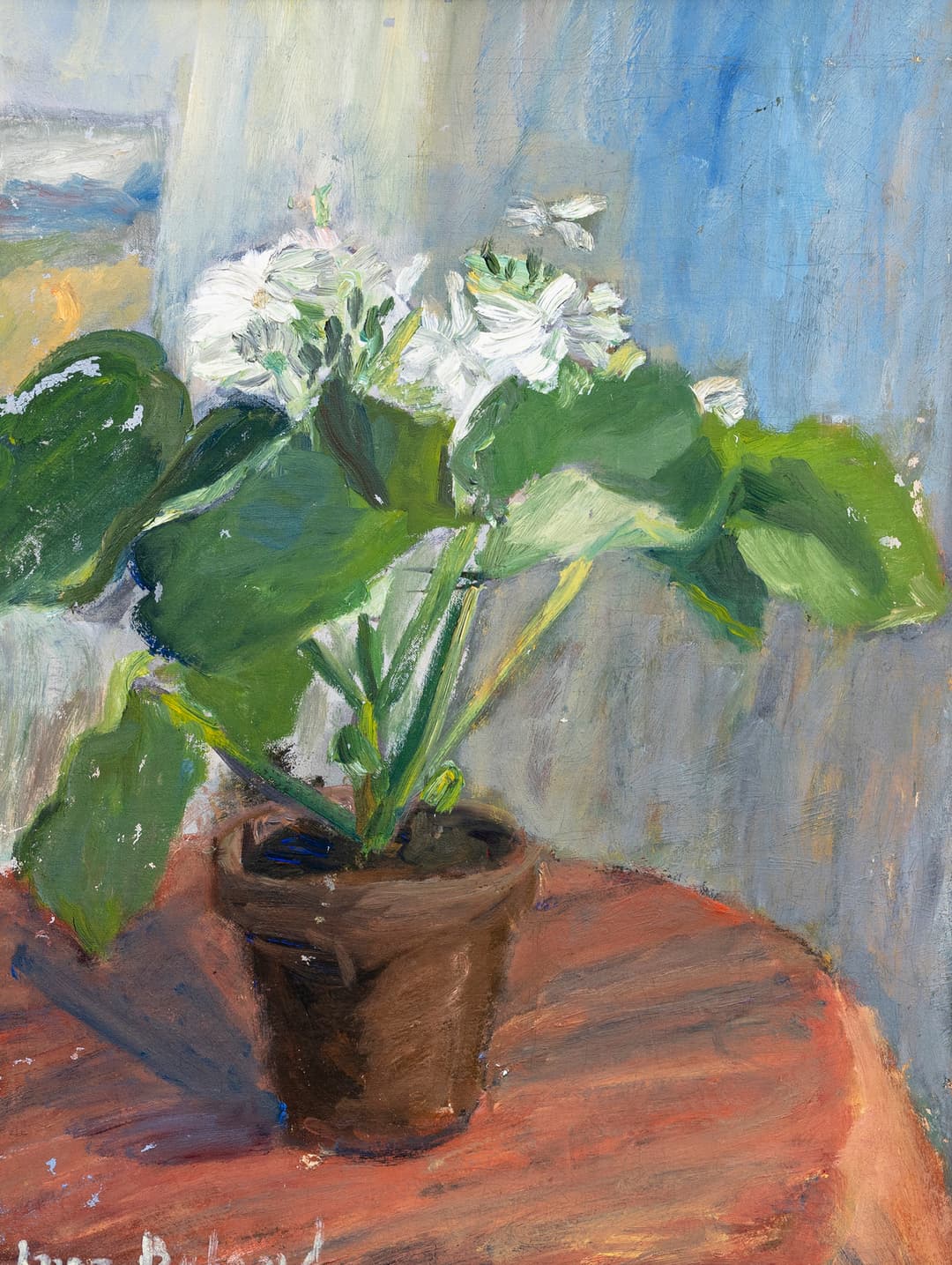 INEZ BYLAND (1890-1961). "Krukväxt på röd duk", olja på pannå, signerad.