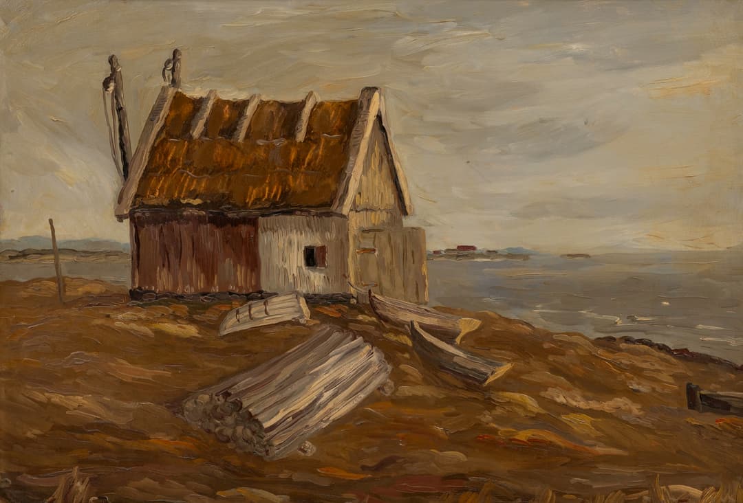 GÖRAN BRUNIUS. "Fiskestuga", olja på pannå, a tergo kvinnoporträtt