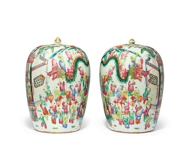 A pair of Chinese famille rose 'hundred boys' jars and...