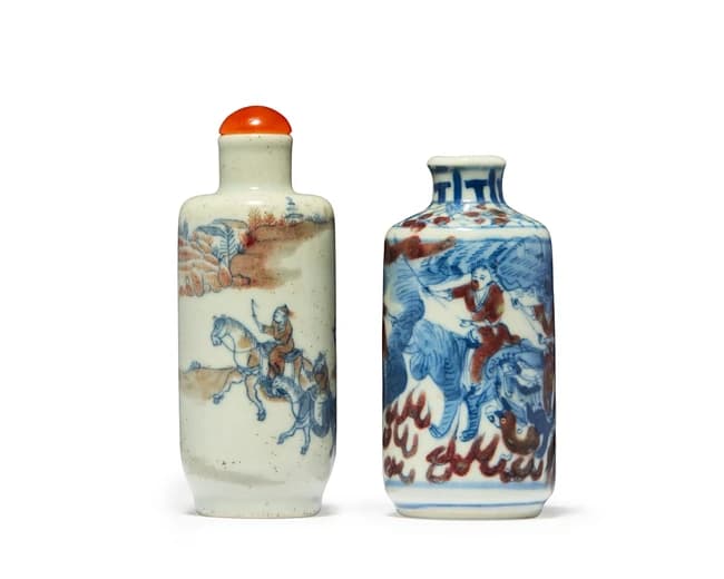 Two Chinese underglaze blue and copper red snuff bottles...