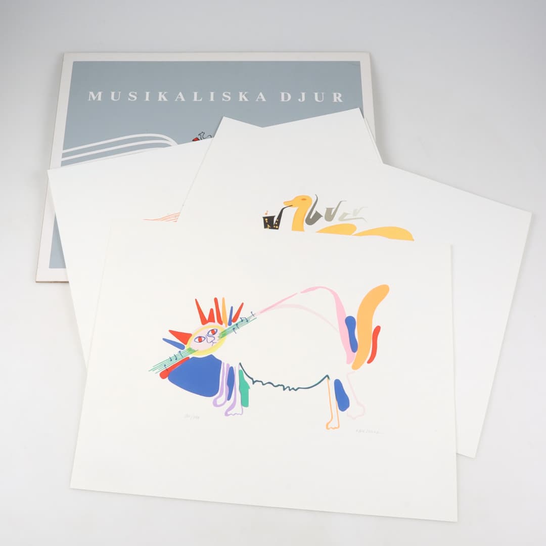 KJELL LÖNNÅ. "Musikaliska djur", mapp 4 st litografier, signerade