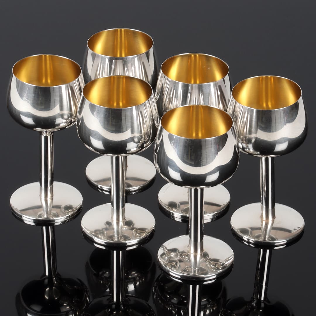 LIKÖRGLAS, 6 st. silver, invändigt förgyllda, Ceson, Göteborg. 1977.