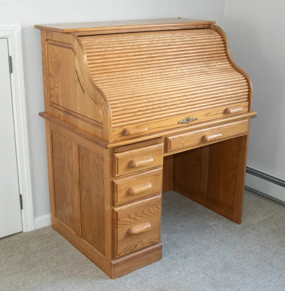 OAK ROLL-TOP DESK WITH TAMBOUR FRONT, MID-20TH CENTURY