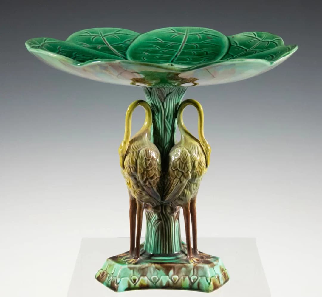19TH C. ENGLISH MAJOLICA HERONS & LILY PAD TAZZA