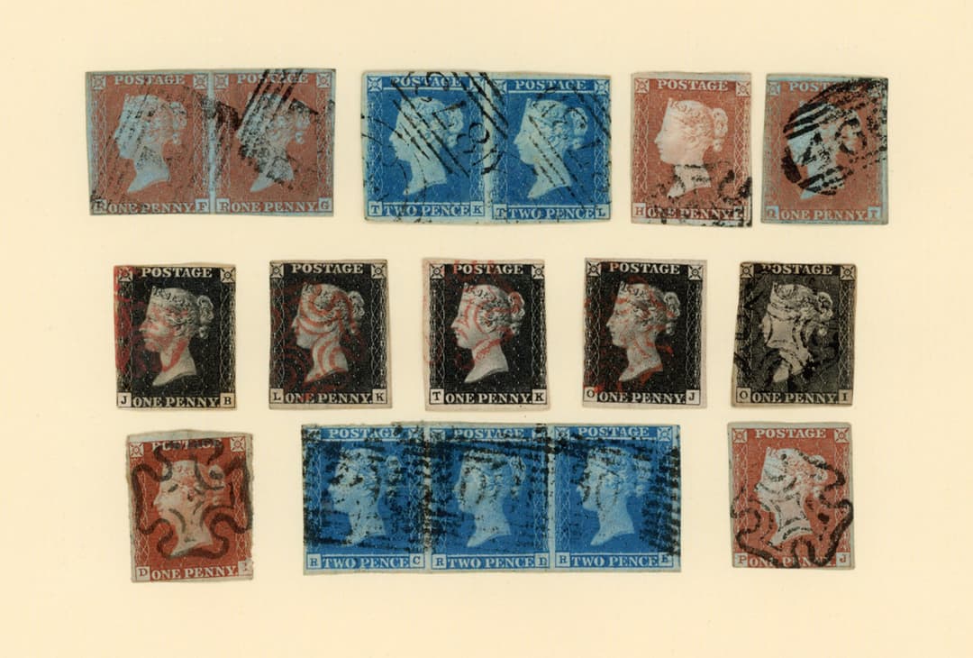 Great Britain stamps on cards with 1840 1d blacks (6), 1841 1d and