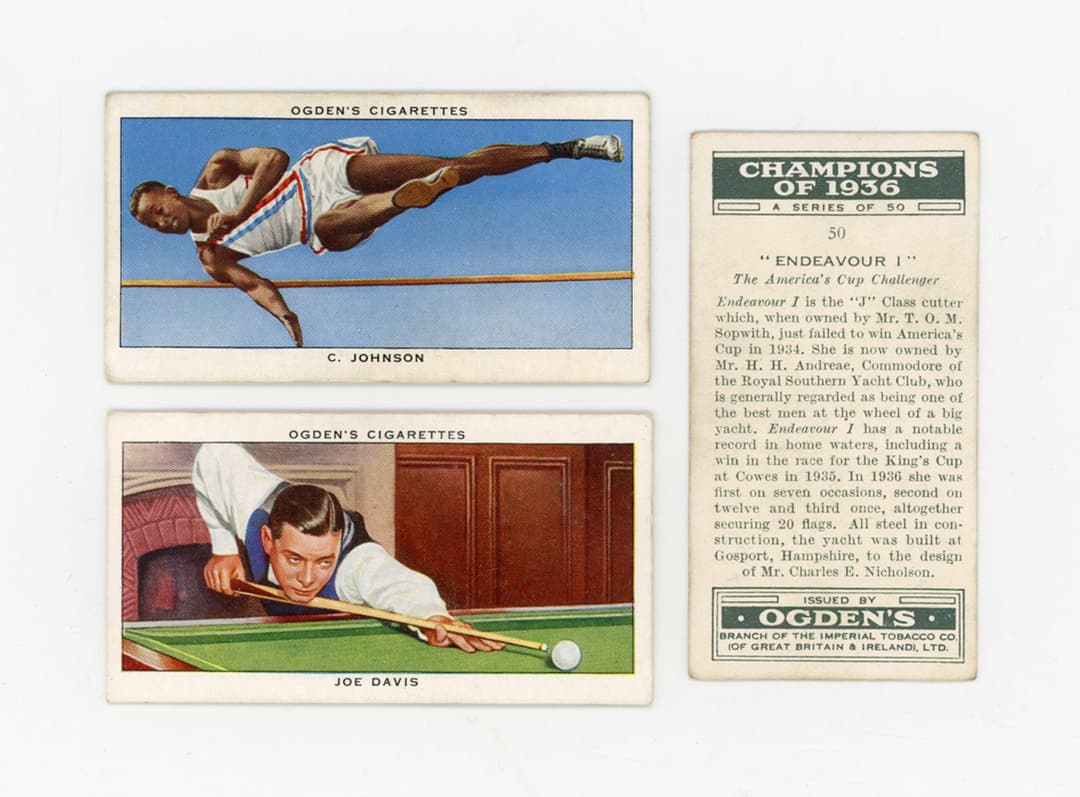 A set of 50 Ogden’s ‘Champions of 1936’ cigarette cards, including Jesse Owens.