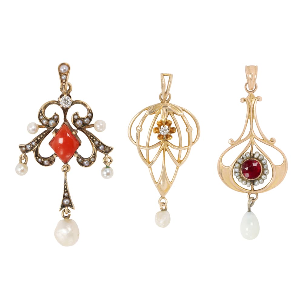 Three Art Nouveau gem-set and gold lavalier pendants