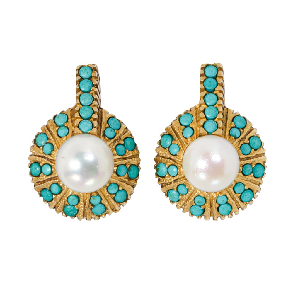 A pair of cultured pearl, turquoise, and 14k gold pair of earrings